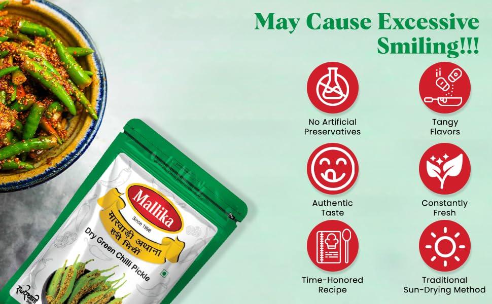 Mallika Marwadi Green Chilli Chatpata Pickle - 400G Pouch